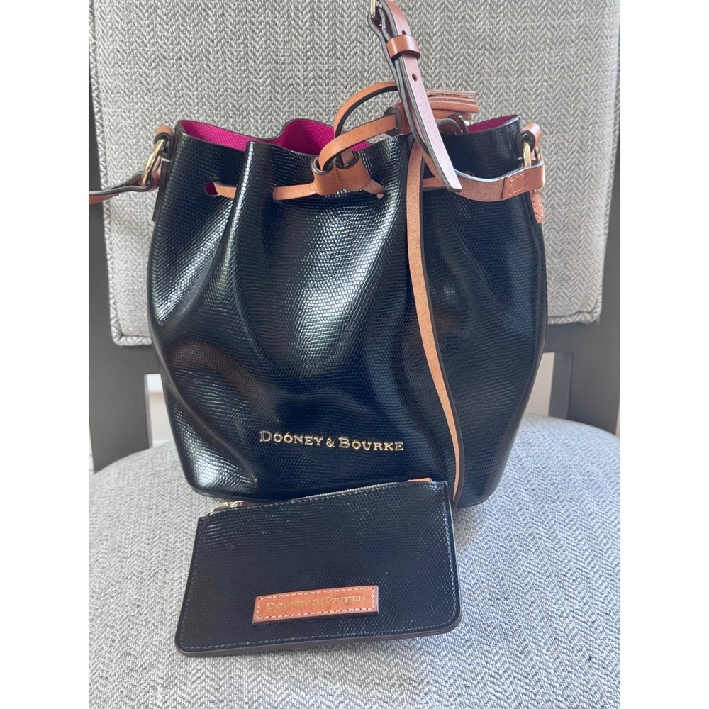 Dooney & Bourke Serena Drawstring Bucket Crossbody Black Lizard Embossed Dustbag